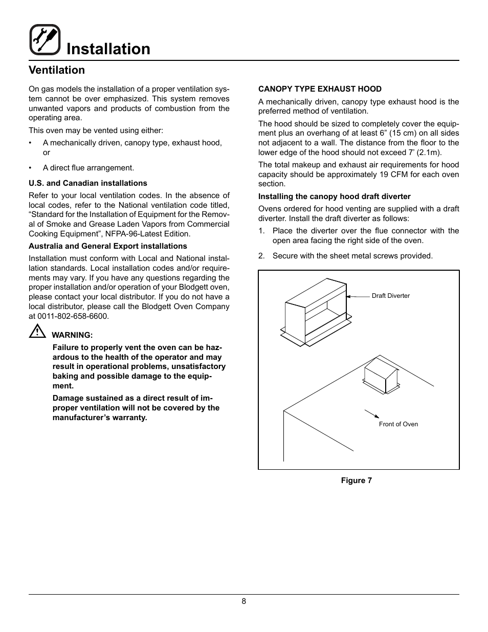 Installation, Ventilation | Blodgett DFG-50 User Manual | Page 10 / 39