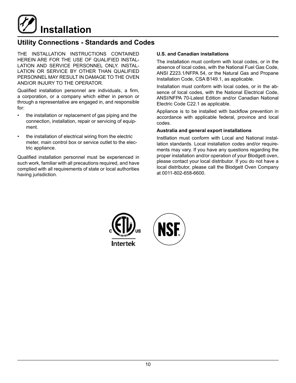 Installation, Utility connections - standards and codes | Blodgett DFG-50 User Manual | Page 12 / 39