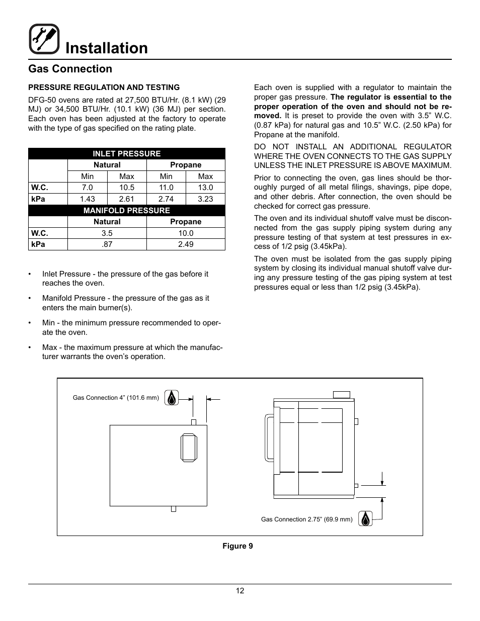 Installation, Gas connection | Blodgett DFG-50 User Manual | Page 14 / 39
