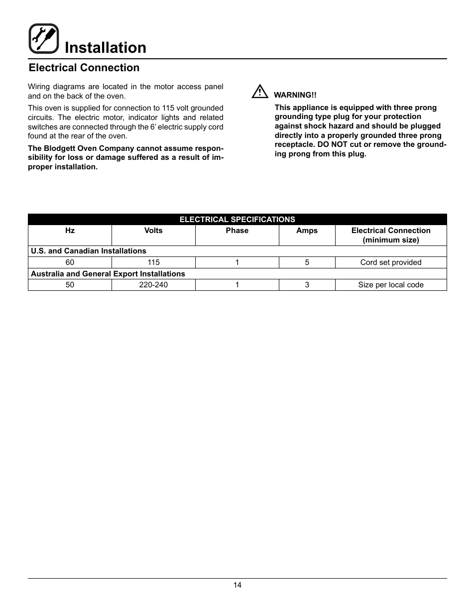 Installation, Electrical connection | Blodgett DFG-50 User Manual | Page 16 / 39