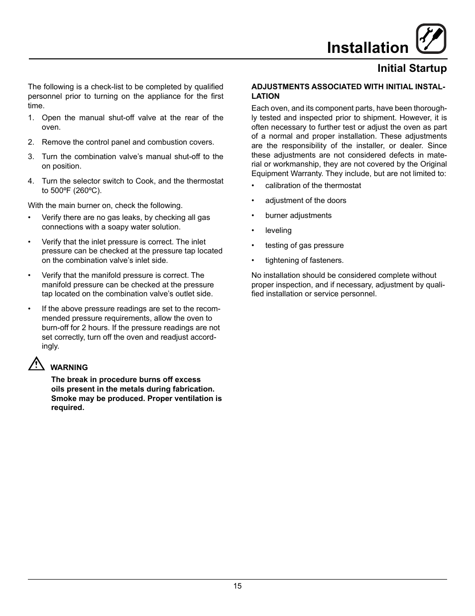 Installation, Initial startup | Blodgett DFG-50 User Manual | Page 17 / 39