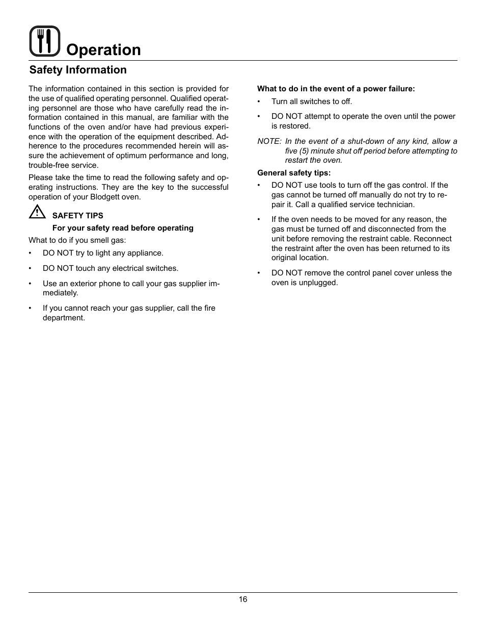 Operation, Safety information | Blodgett DFG-50 User Manual | Page 18 / 39