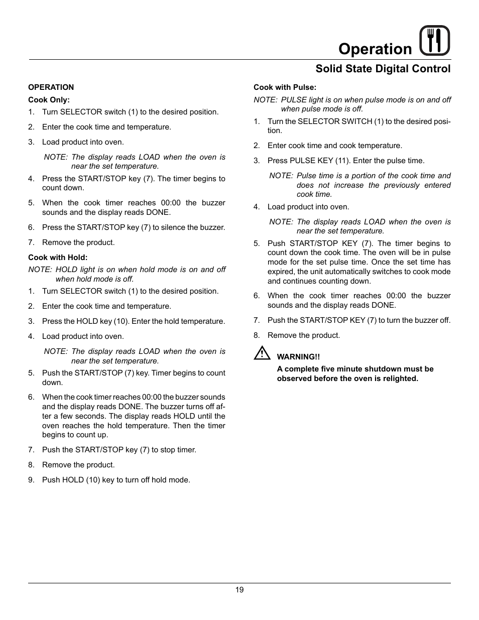 Operation, Solid state digital control | Blodgett DFG-50 User Manual | Page 21 / 39
