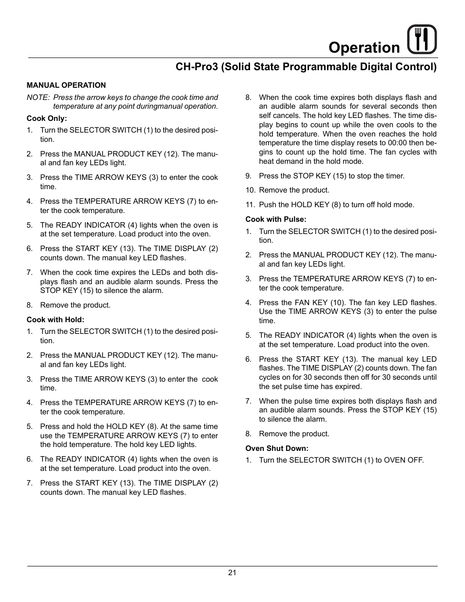 Operation, Ch-pro3 (solid state programmable digital control) | Blodgett DFG-50 User Manual | Page 23 / 39
