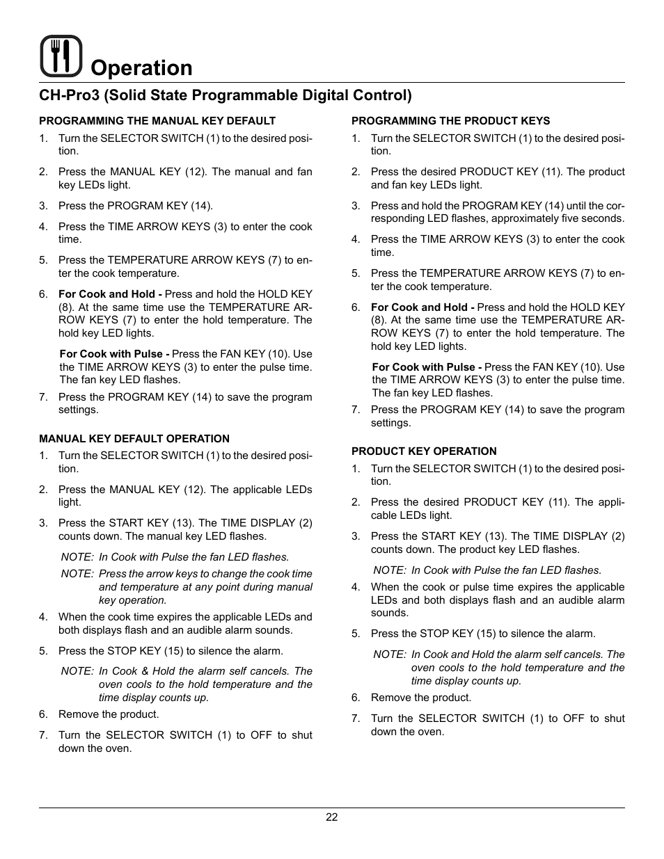 Operation, Ch-pro3 (solid state programmable digital control) | Blodgett DFG-50 User Manual | Page 24 / 39