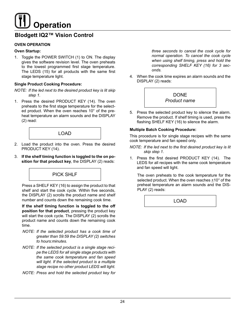 Operation, Blodgett iq2™ vision control | Blodgett DFG-50 User Manual | Page 26 / 39