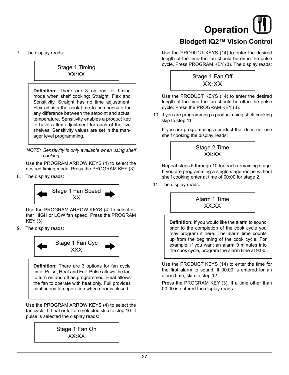 Operation, Blodgett iq2™ vision control, Xx:xx | Blodgett DFG-50 User Manual | Page 29 / 39