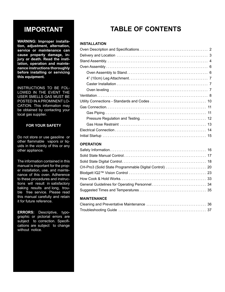 Blodgett DFG-50 User Manual | Page 3 / 39