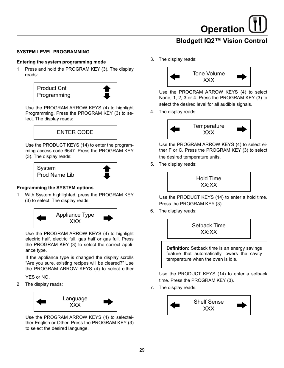 Operation, Blodgett iq2™ vision control | Blodgett DFG-50 User Manual | Page 31 / 39