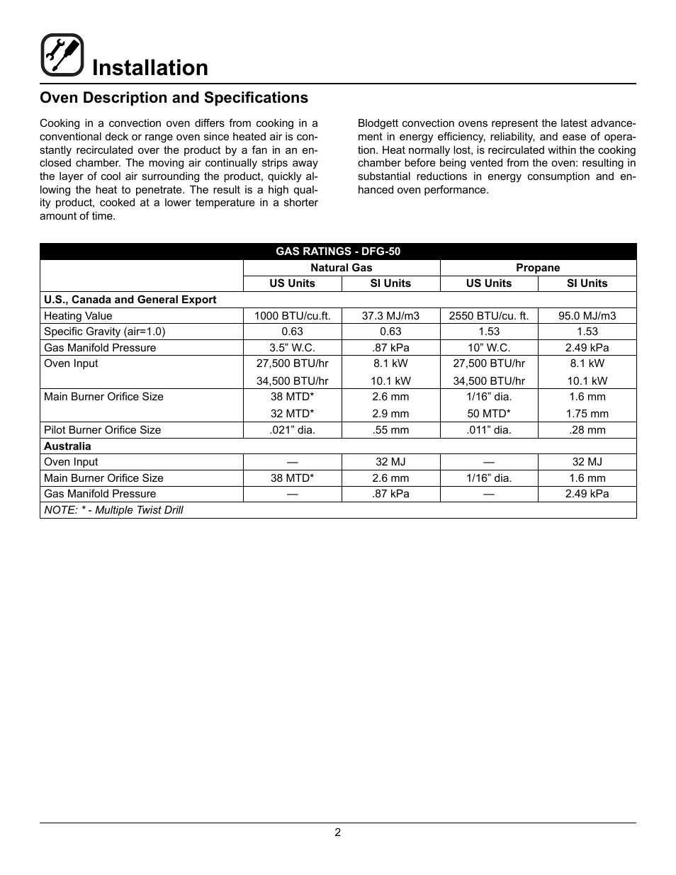 Installation, Oven description and specifications | Blodgett DFG-50 User Manual | Page 4 / 39