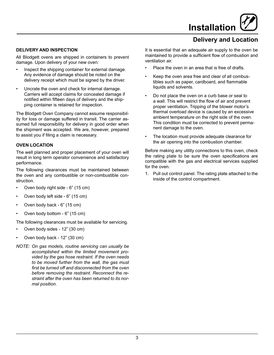 Installation, Delivery and location | Blodgett DFG-50 User Manual | Page 5 / 39