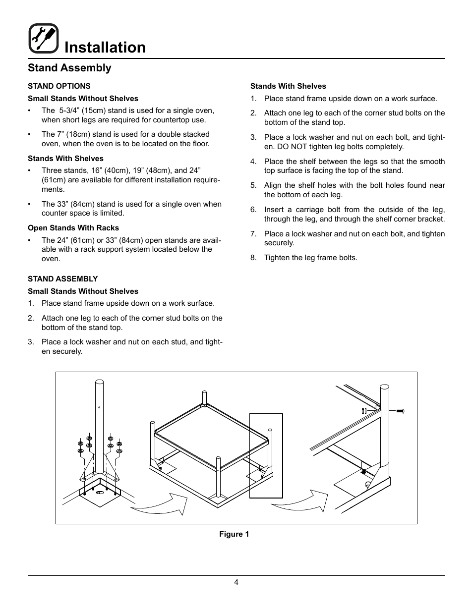 Installation, Stand assembly | Blodgett DFG-50 User Manual | Page 6 / 39