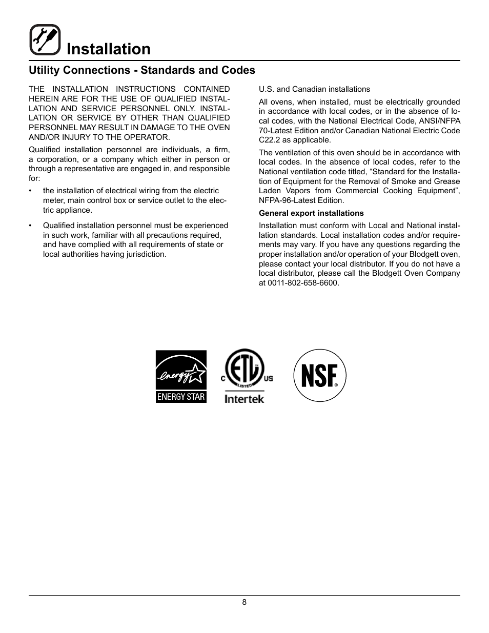 Installation, Utility connections - standards and codes | Blodgett CTBR User Manual | Page 10 / 33