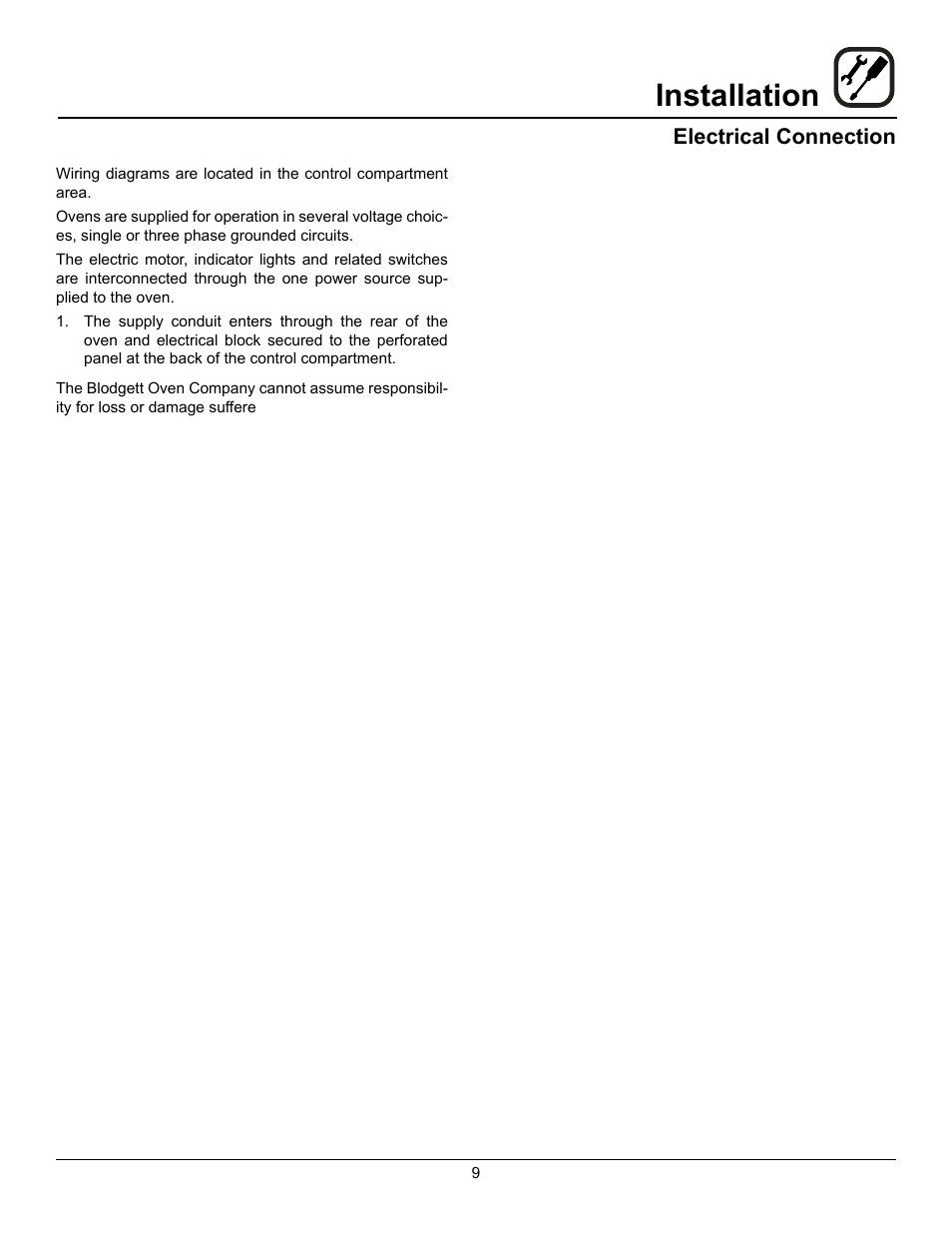 Installation, Electrical connection | Blodgett CTBR User Manual | Page 11 / 33