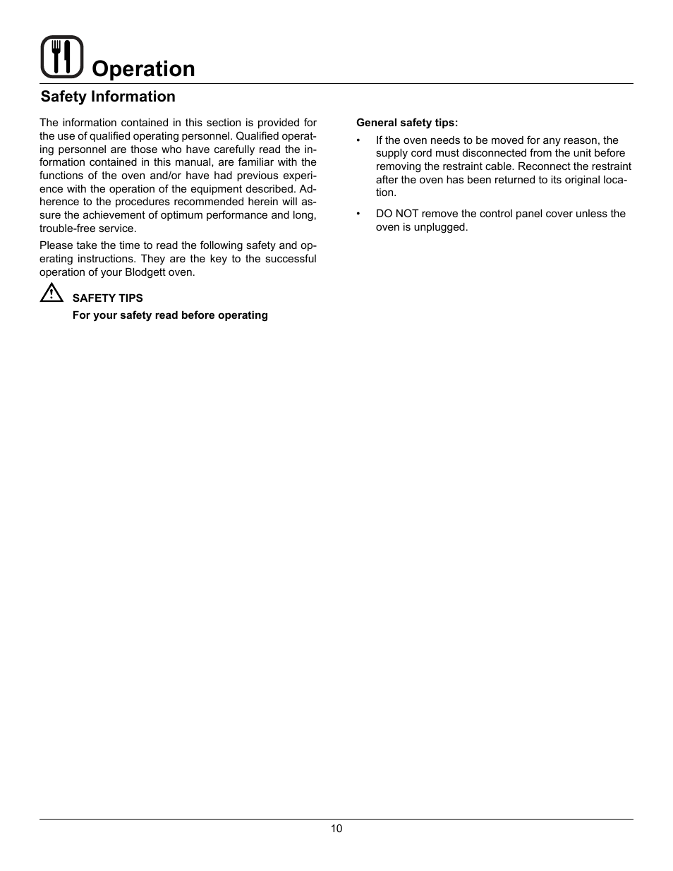 Operation, Safety information | Blodgett CTBR User Manual | Page 12 / 33