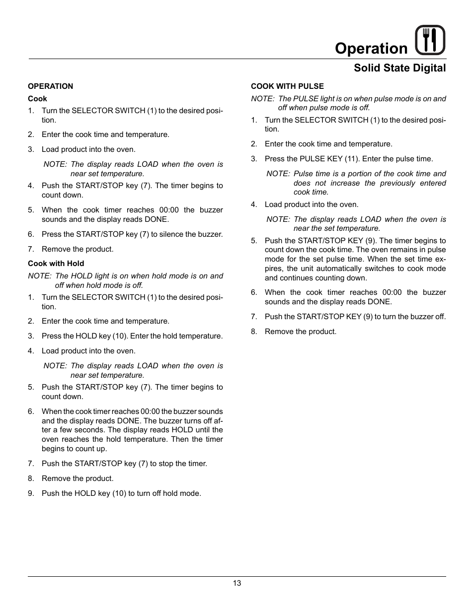 Operation, Solid state digital | Blodgett CTBR User Manual | Page 15 / 33