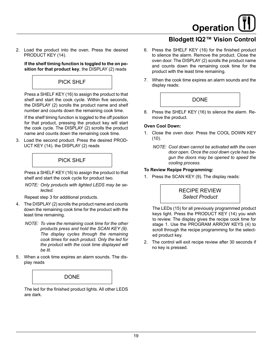Operation, Blodgett iq2™ vision control | Blodgett CTBR User Manual | Page 21 / 33