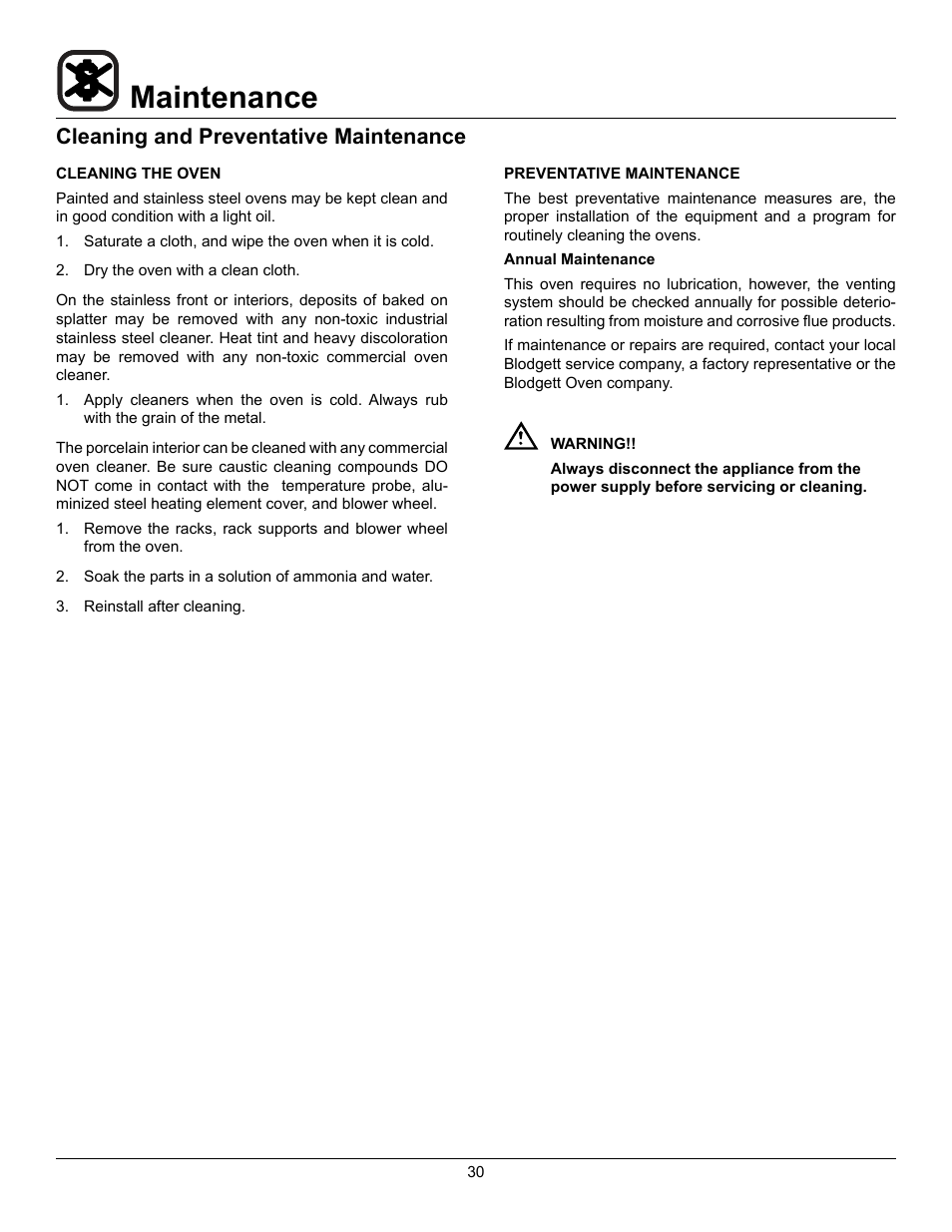 Maintenance, Cleaning and preventative maintenance | Blodgett CTBR User Manual | Page 32 / 33