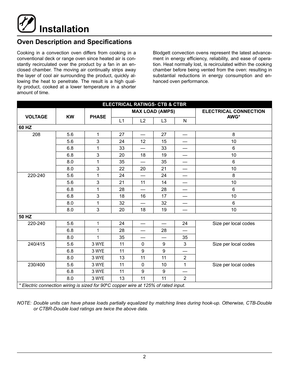 Installation, Oven description and specifications | Blodgett CTBR User Manual | Page 4 / 33