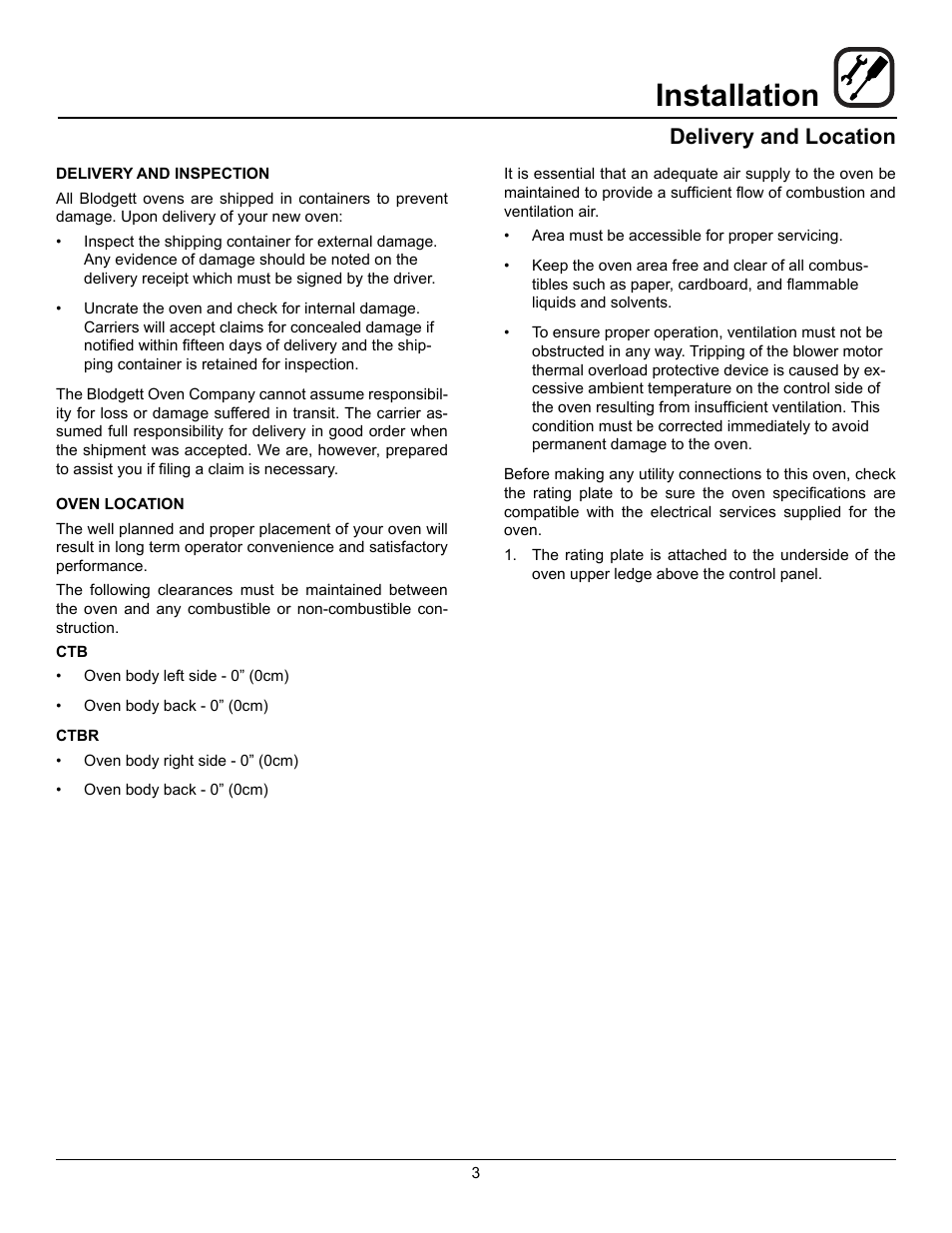 Installation, Delivery and location | Blodgett CTBR User Manual | Page 5 / 33
