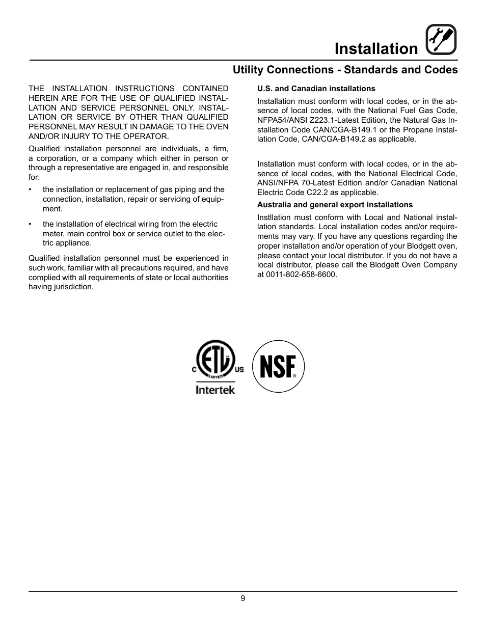 Installation, Utility connections - standards and codes | Blodgett DFG-200 User Manual | Page 11 / 39