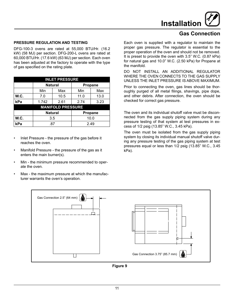 Installation, Gas connection | Blodgett DFG-200 User Manual | Page 13 / 39