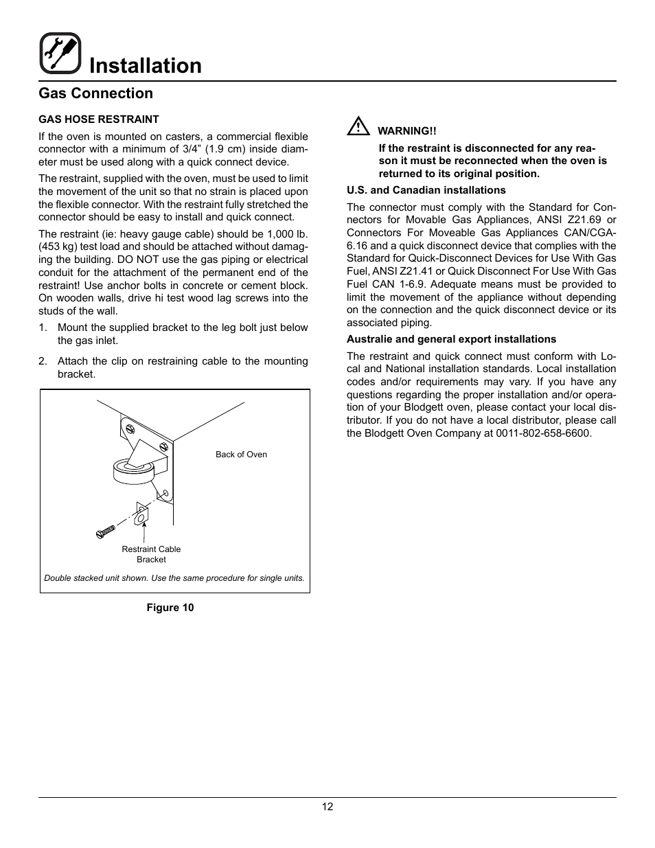 Installation, Gas connection | Blodgett DFG-200 User Manual | Page 14 / 39