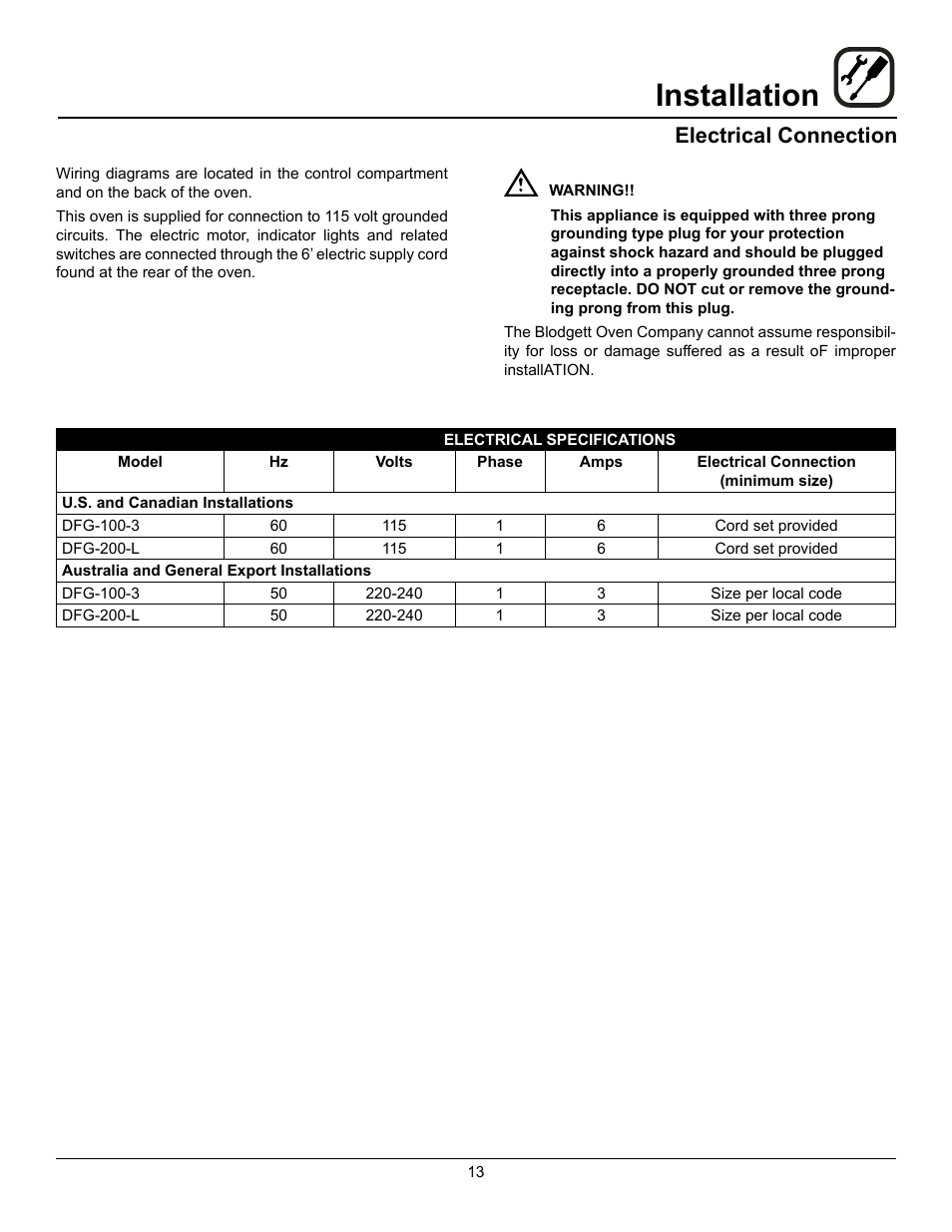 Installation, Electrical connection | Blodgett DFG-200 User Manual | Page 15 / 39