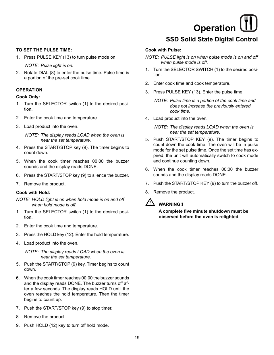 Operation, Ssd solid state digital control | Blodgett DFG-200 User Manual | Page 21 / 39