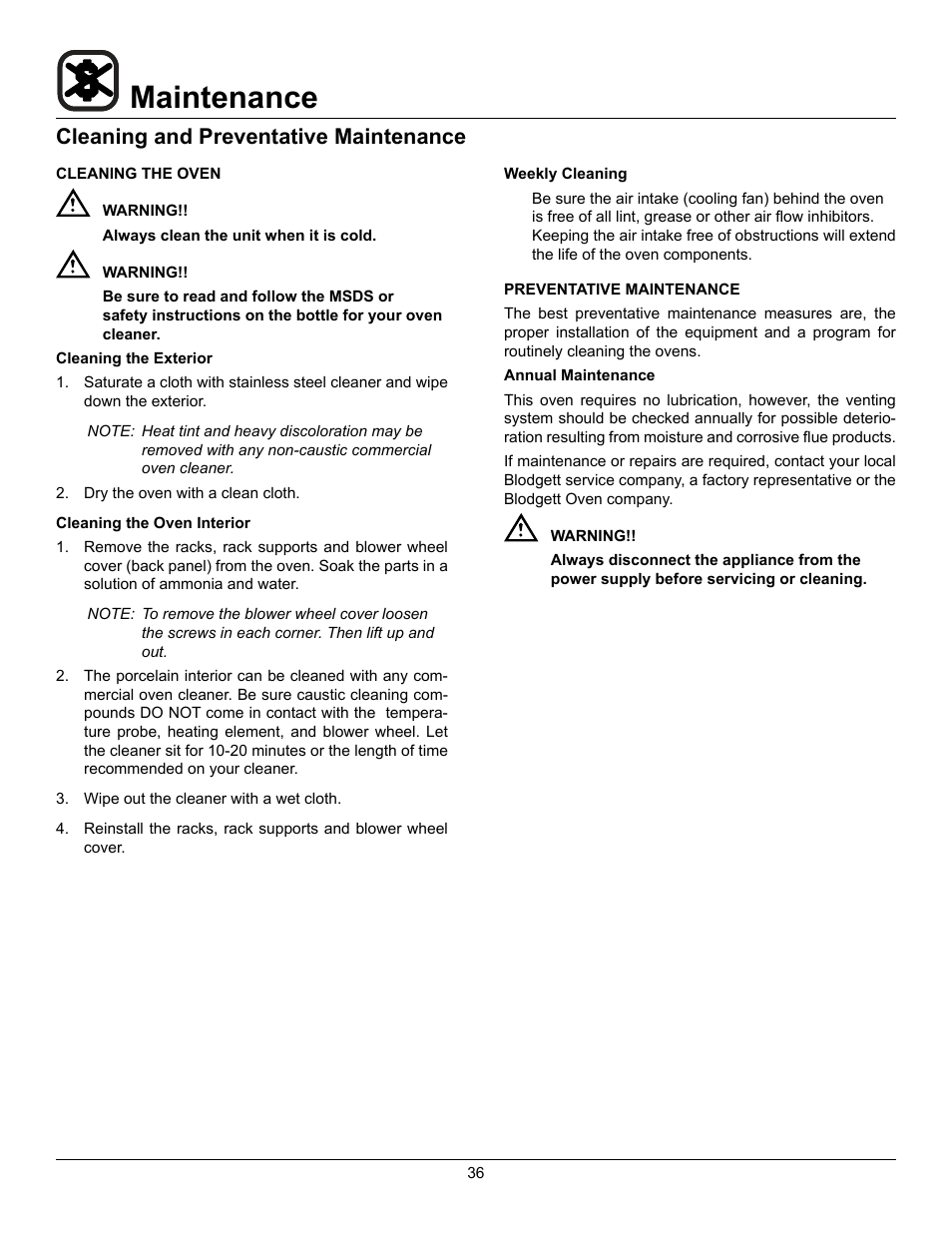 Maintenance, Cleaning and preventative maintenance | Blodgett DFG-200 User Manual | Page 38 / 39