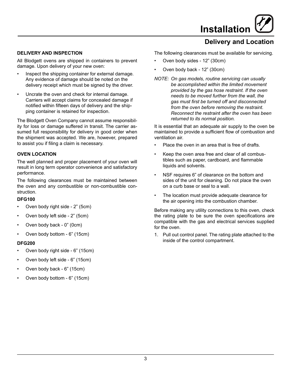 Installation, Delivery and location | Blodgett DFG-200 User Manual | Page 5 / 39