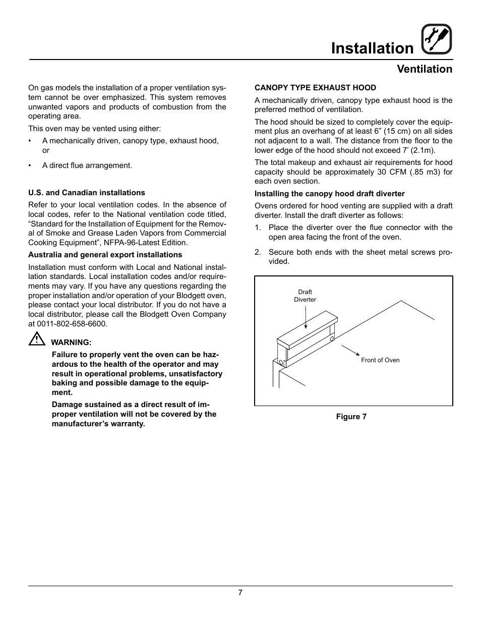 Installation, Ventilation | Blodgett DFG-200 User Manual | Page 9 / 39