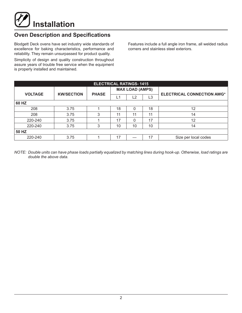 Installation, Oven description and specifications | Blodgett 1415 User Manual | Page 4 / 13