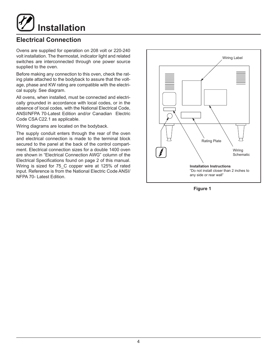 Installation, Electrical connection | Blodgett 1415 User Manual | Page 6 / 13