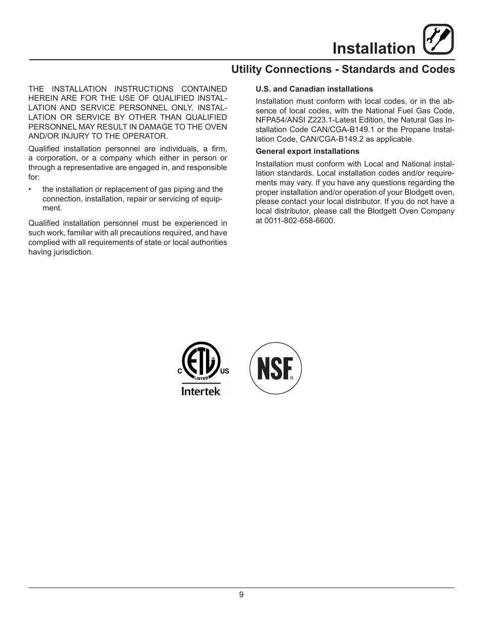 Installation, Utility connections - standards and codes | Blodgett 1060 User Manual | Page 11 / 20