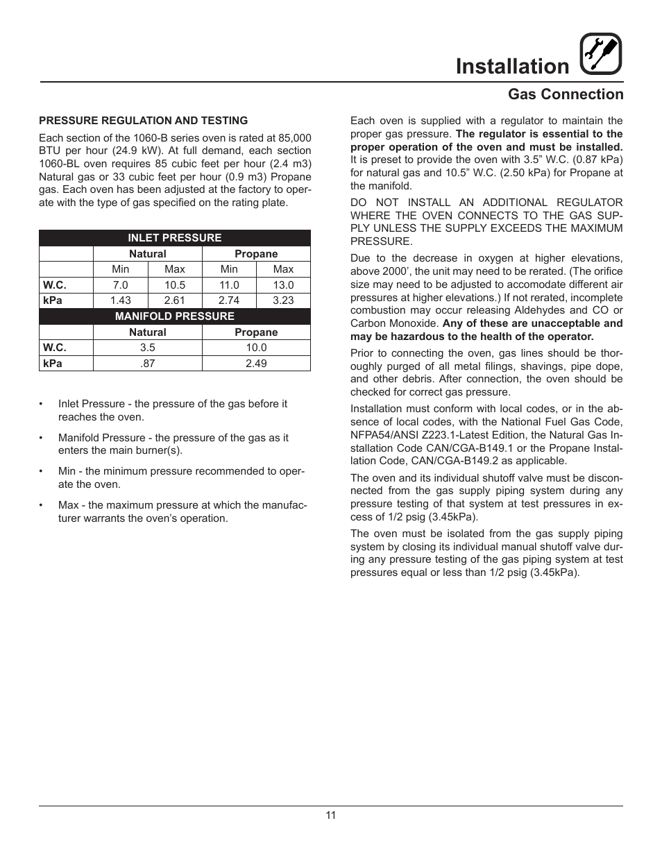 Installation, Gas connection | Blodgett 1060 User Manual | Page 13 / 20