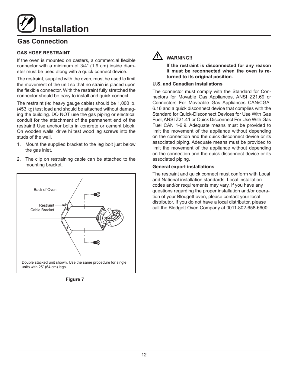Installation, Gas connection | Blodgett 1060 User Manual | Page 14 / 20