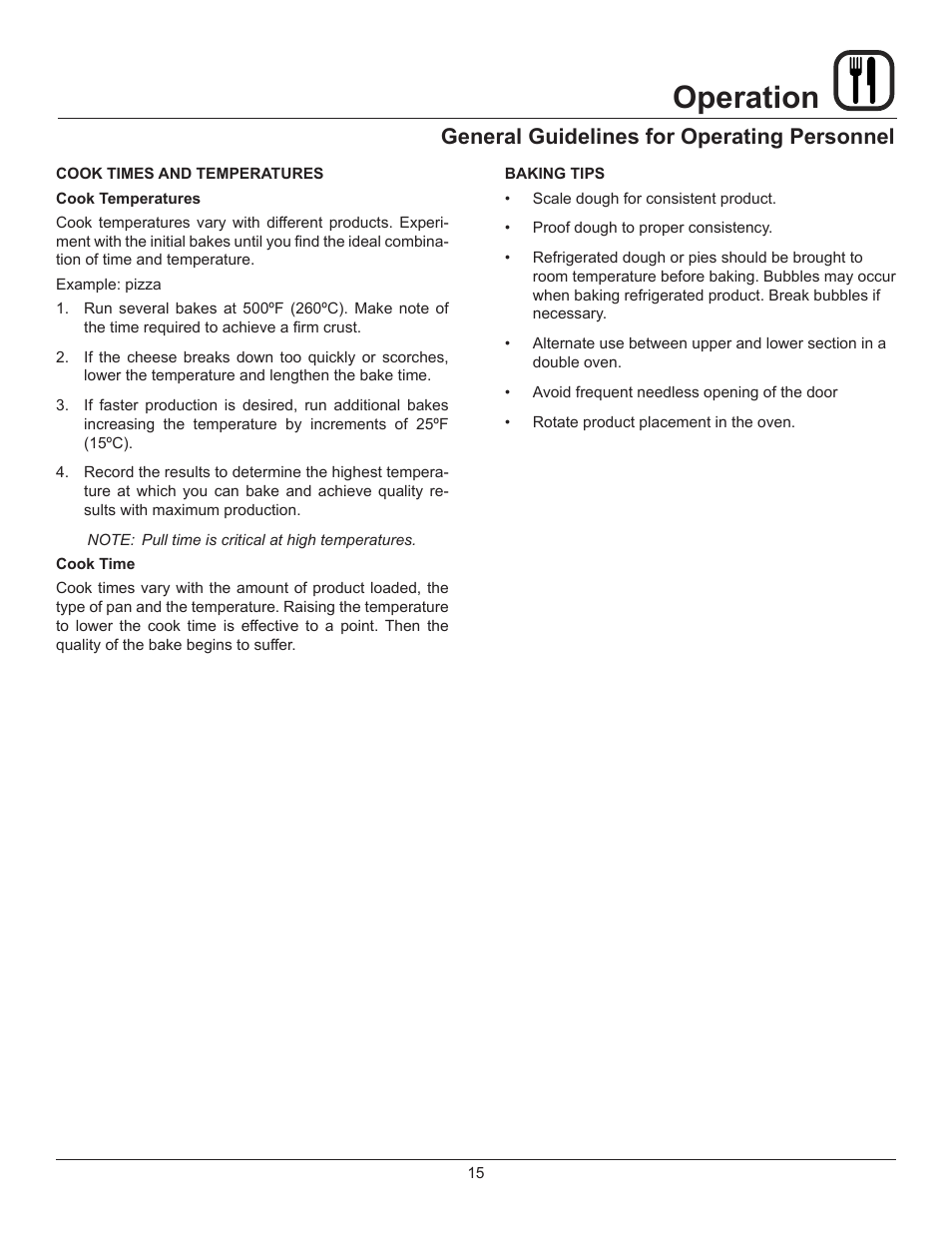 Operation, General guidelines for operating personnel | Blodgett 1060 User Manual | Page 17 / 20