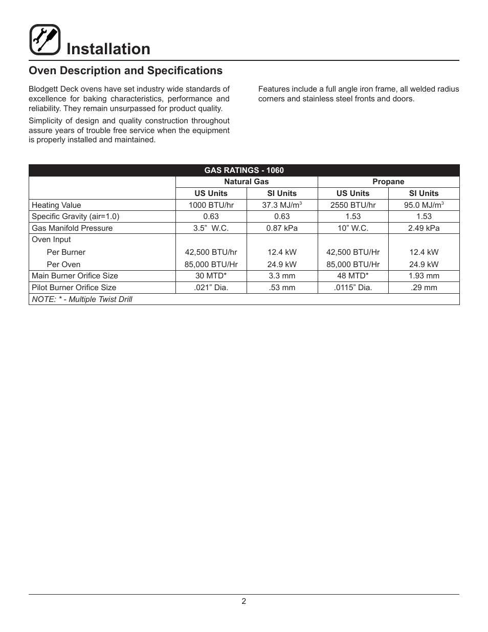 Installation, Oven description and specifications | Blodgett 1060 User Manual | Page 4 / 20