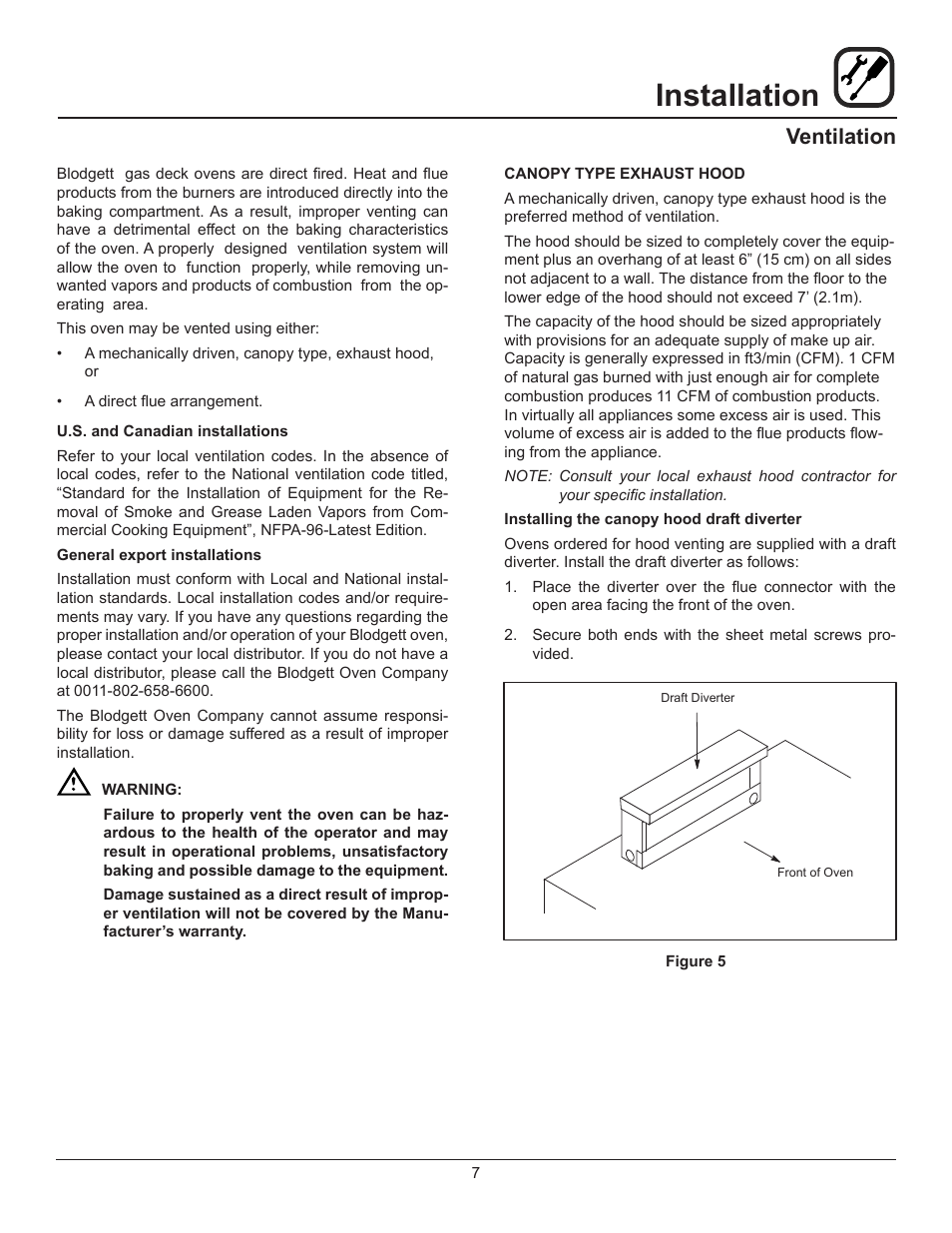 Installation, Ventilation | Blodgett 1060 User Manual | Page 9 / 20