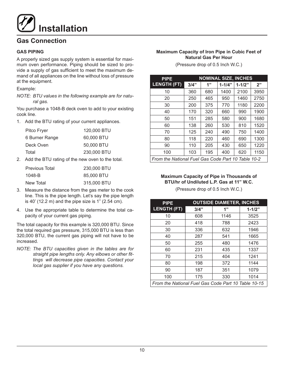 Installation, Gas connection | Blodgett 1048 User Manual | Page 12 / 20