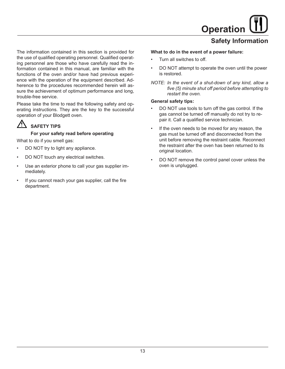 Operation, Safety information | Blodgett 1048 User Manual | Page 15 / 20
