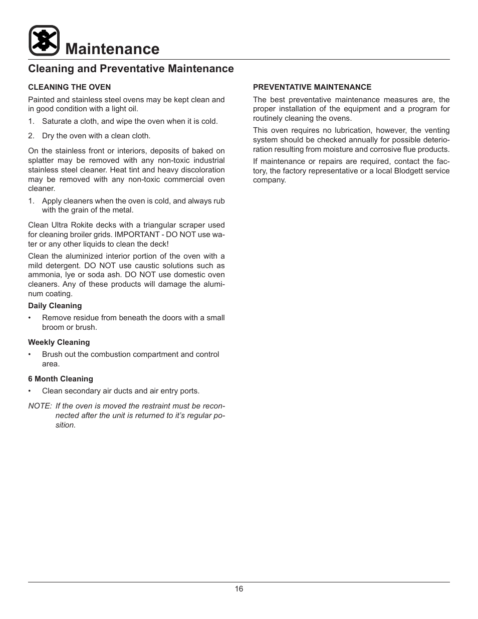 Maintenance, Cleaning and preventative maintenance | Blodgett 1048 User Manual | Page 18 / 20