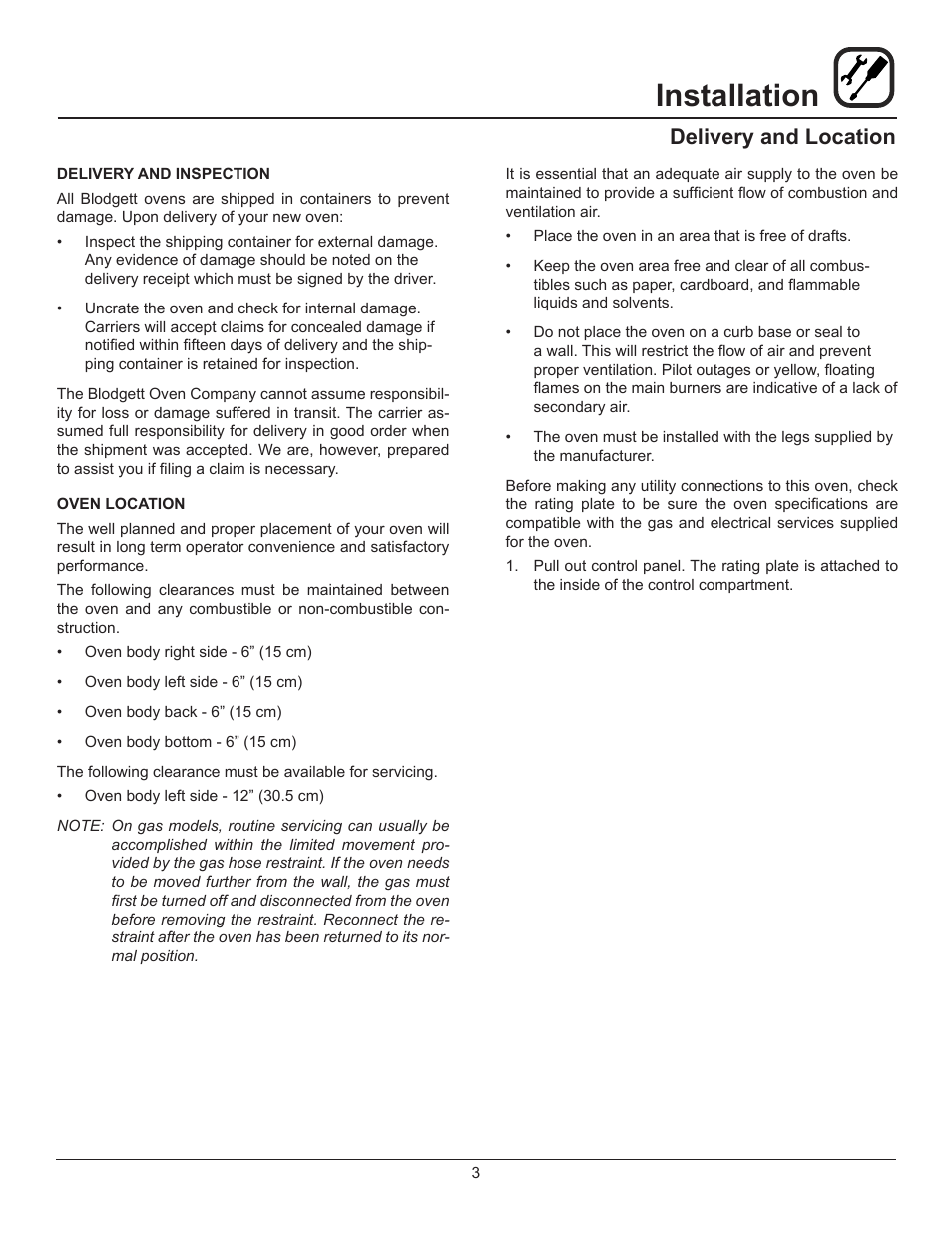 Installation, Delivery and location | Blodgett 1048 User Manual | Page 5 / 20