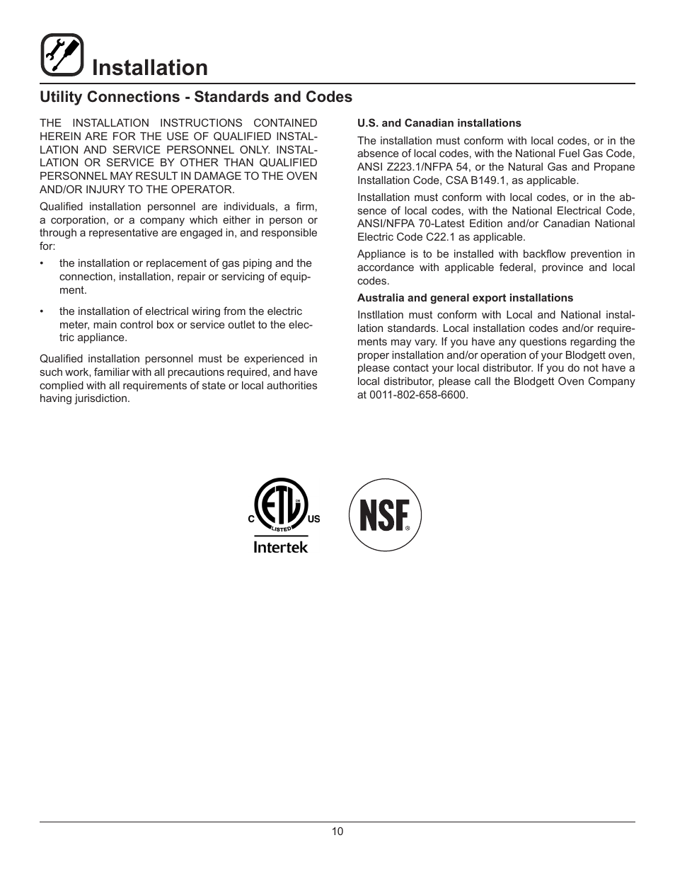 Installation, Utility connections - standards and codes | Blodgett 900 SERIES User Manual | Page 12 / 22