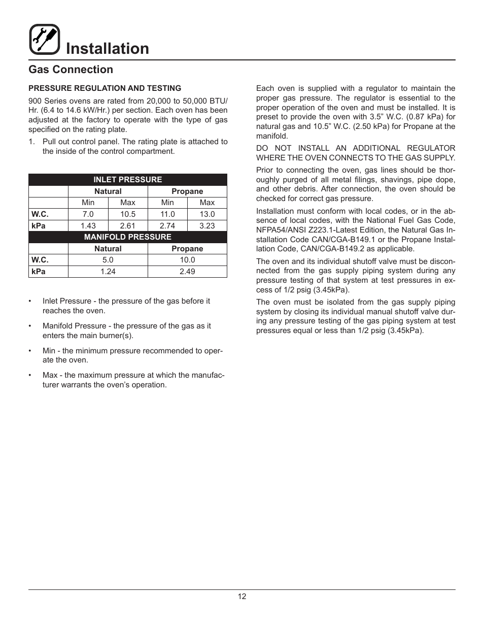 Installation, Gas connection | Blodgett 900 SERIES User Manual | Page 14 / 22