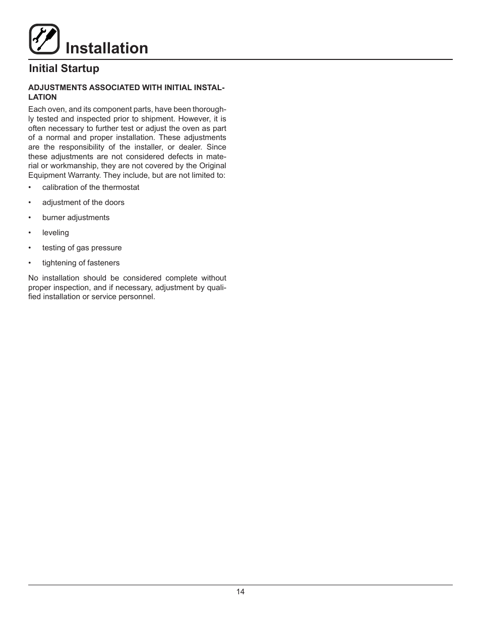 Installation, Initial startup | Blodgett 900 SERIES User Manual | Page 16 / 22