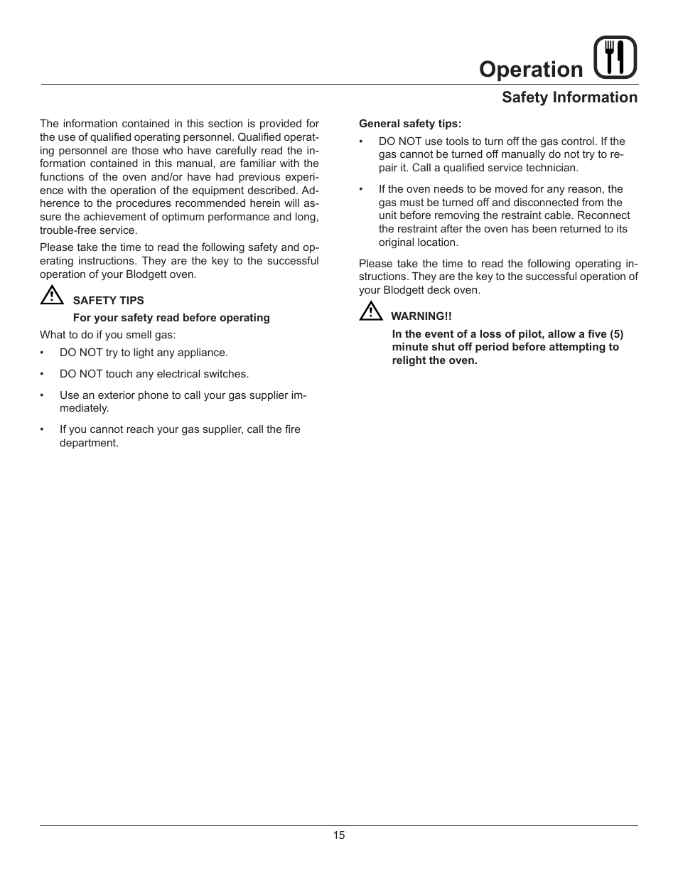 Operation, Safety information | Blodgett 900 SERIES User Manual | Page 17 / 22