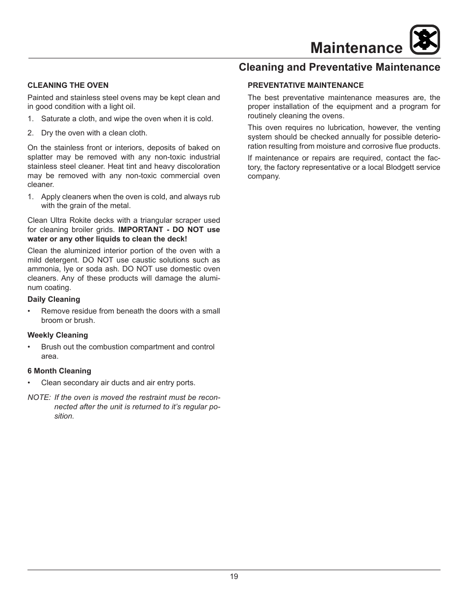 Maintenance, Cleaning and preventative maintenance | Blodgett 900 SERIES User Manual | Page 21 / 22