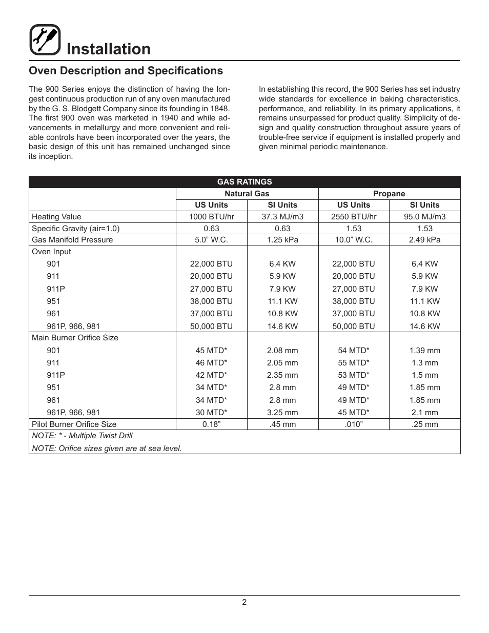 Installation, Oven description and specifications | Blodgett 900 SERIES User Manual | Page 4 / 22